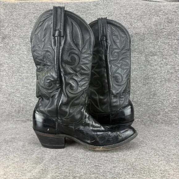 ✅ Mens 9.5D VTG Cowboy Boots Black Leather Almond Toe Embroidered Made In USA - Picture 10 of 11